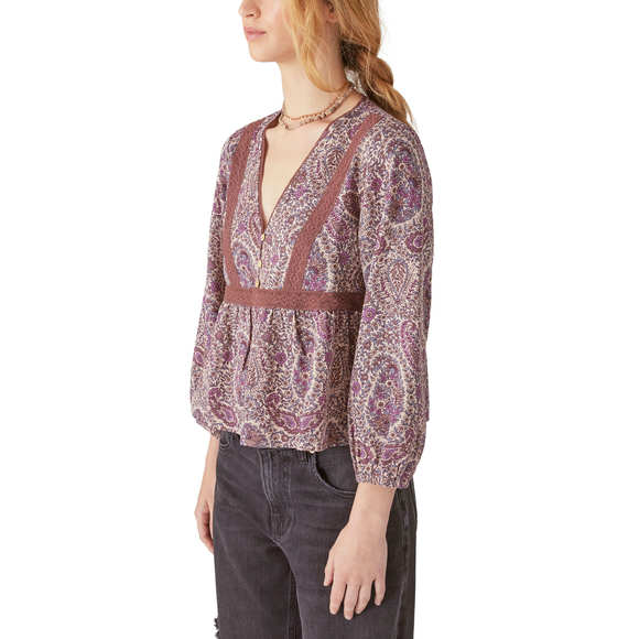 Lucky Brand Printed Lace Inset Babydoll Top - Mauve Multi - Picture 3 of 3